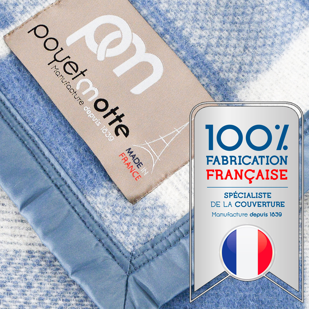 Poyet Motte Rivoli/Elysee 400GSM Mid-Weight 100% Virgin Wool Blanket, Blue/Natural