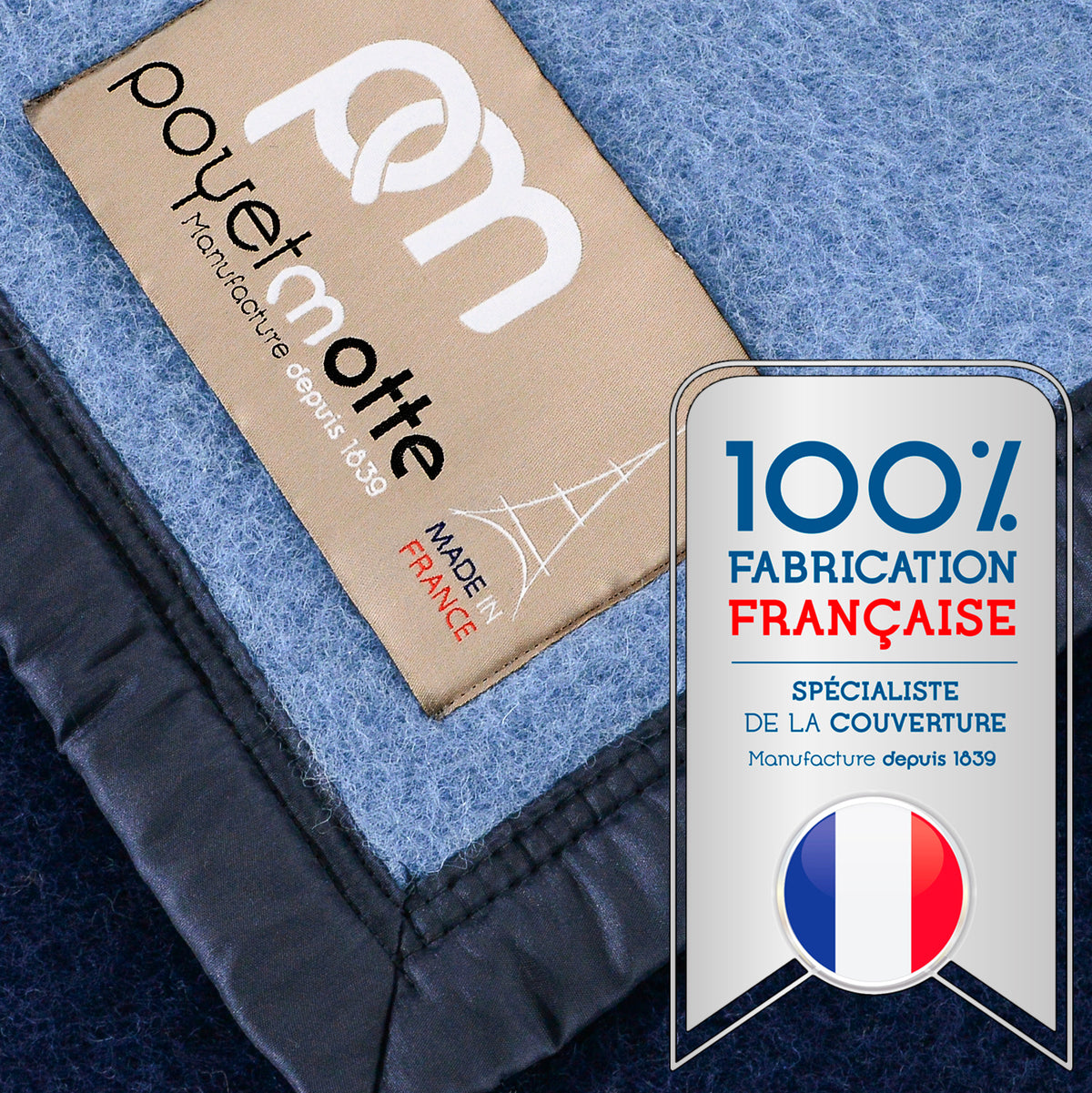 Poyet Motte Aubisque Reversible 500GSM Heavyweight 100% Wool Blanket, Navy